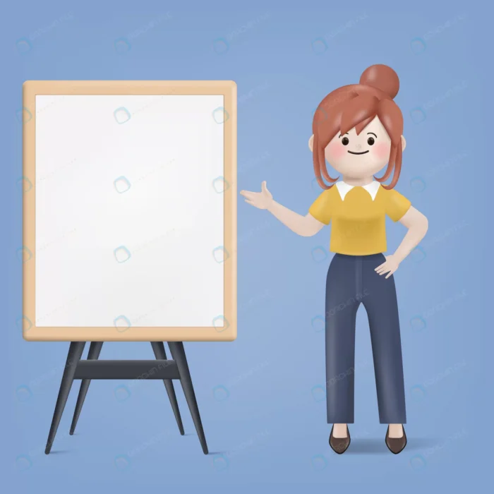 3d cartoon young woman presenting whiteboard char crc2604ba4a size9.03mb - title:کاراکتر دختر در حال اشاره به وایت برد - اورچین فایل - format:EPS - وکتور - sku:crc2604ba4a - keywords: p_id:78653