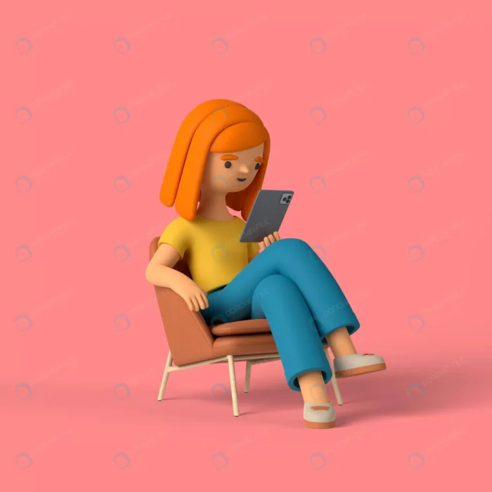 3d girl character checking her phone while sittin crc7f55d9f1 size20.18mb - title:کاراکتر سه بعدی دختر در حال چک کردن موبایل - اورچین فایل - format:PSD - فتوشاپ - sku:crc7f55d9f1 - keywords: p_id:55402
