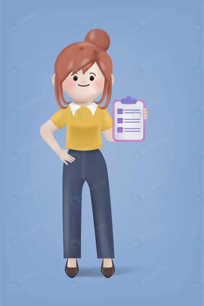 3d illustration cartoon young woman with clipboar crc309bc139 size8.05mb - title:کاراکتر 3 بعدی دختر با لیست کارها - اورچین فایل - format:EPS - وکتور - sku:crc309bc139 - keywords: p_id:78671