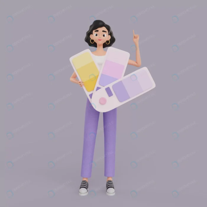 3d illustration female graphic designer character crced83799f size36.00mb - title:کاراکتر 3 بعدی دختر گرافیست با پالت رنگ - اورچین فایل - format:PSD - فتوشاپ - sku:crced83799f - keywords: p_id:63759