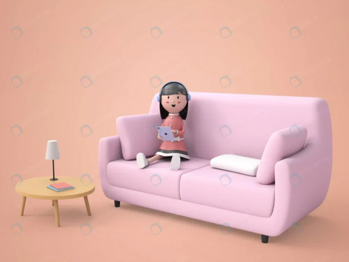 3d illustration lovely girl listening music sofa crc7eb68615 size128.35mb - title:کاراکتر 3بعدی دختر بچه با هدفون روی مبل - اورچین فایل - format:PSD - فتوشاپ - sku:crc7eb68615 - keywords: p_id:58106
