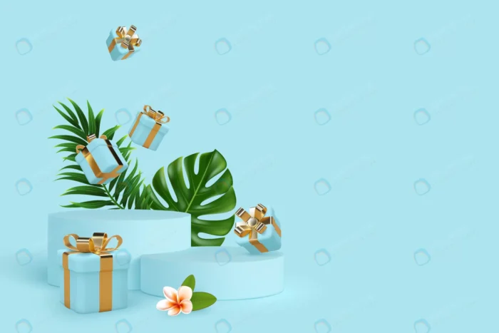 3d podium scene with falling gift boxes tropical crccc19d7ec size9.04mb - title:مجموعه وکتور رئال باکس هدیه - اورچین فایل - format:EPS - وکتور - sku:crccc19d7ec - keywords: p_id:86019