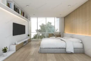 3d rendering minimal wood bedroom with tv shelf crcc87fc95f size3.37mb 3000x2000 - title:Home - اورچین فایل - format: - sku: - keywords: p_id:18