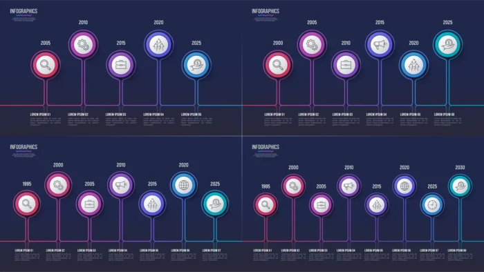 5 6 7 8 steps infographic designs timeline charts crc136fc1d6 size8.34mb - title:اینفوگرافی تایم لاین با 4 نوع - اورچین فایل - format:EPS - وکتور - sku:crc136fc1d6 - keywords: p_id:38575