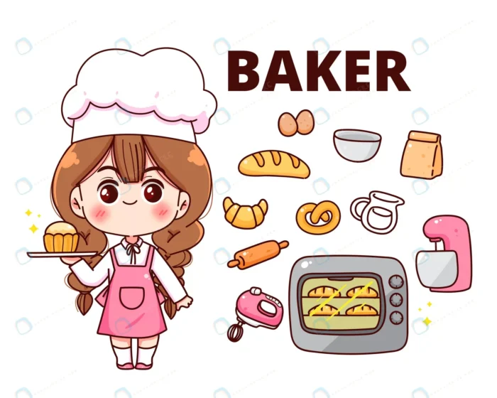 Baker equipment bakery element collection food cooking concept cartoon hand drawn cartoon art illustration - title:وکتور المان های قناد با کاراکتر خانم - اورچین فایل - format:EPS - وکتور - sku:crc3d5e7b32 - keywords: p_id:78141
