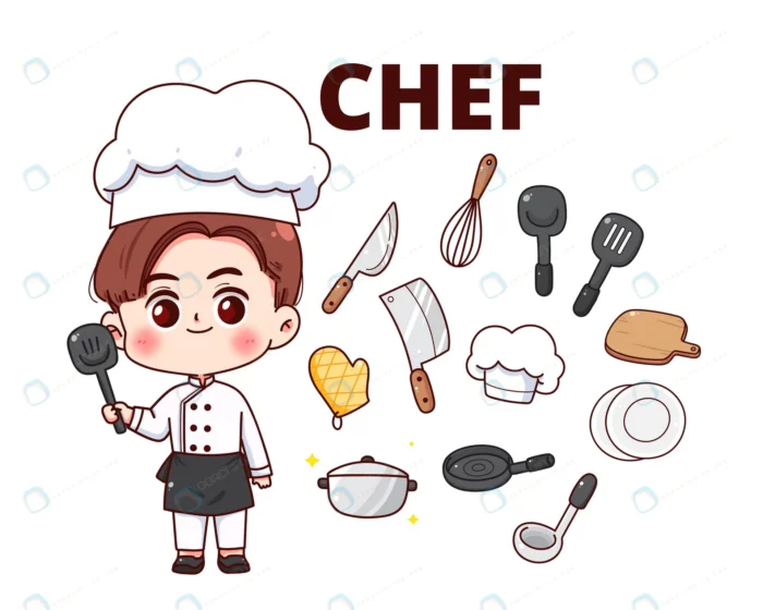 Chef equipment kitchen restaurant cook character concept cartoon hand drawn cartoon art illustration - title:کاراکتر سرآشپز با المان های آشپزخانه - اورچین فایل - format:EPS - وکتور - sku:crc475d1ef6 - keywords: p_id:78143