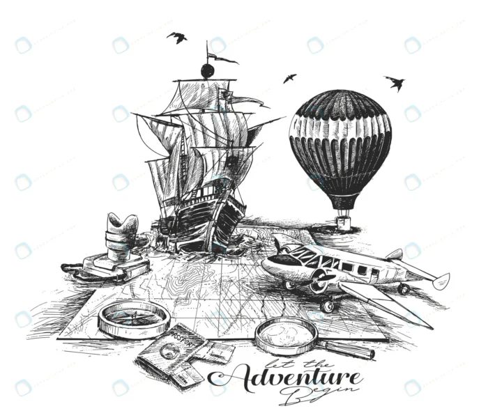 adventure trip travel poster banner design crccd3faa01 size6.65mb - title:وکتور نقاشی بالن و کشتی - اورچین فایل - format:EPS - وکتور - sku:crccd3faa01 - keywords: p_id:87237