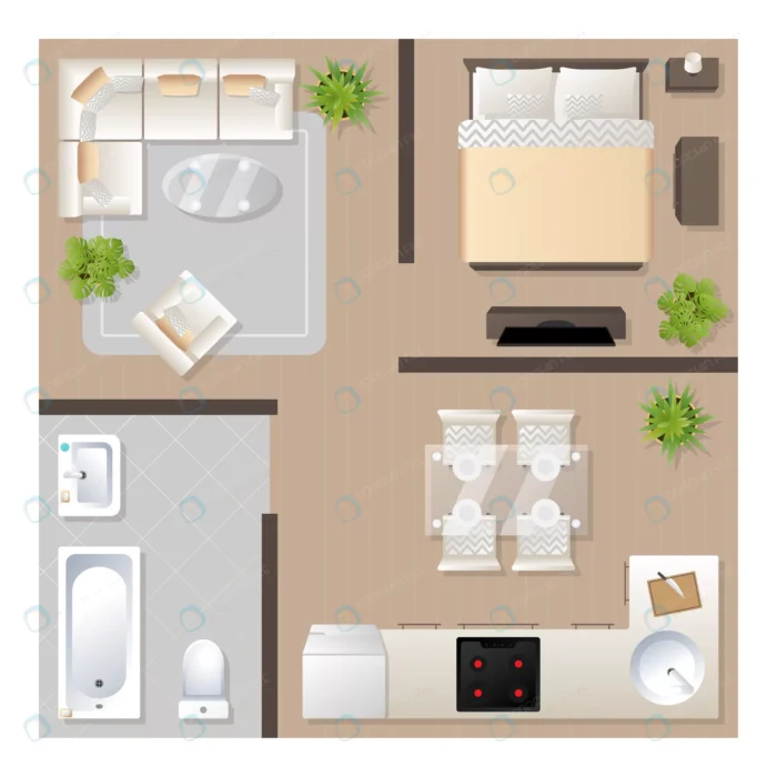 apartment design with furniture top view architec crc667e6fbc size3.01mb 1 - title:وکتور طراحی خانه با لوازم خانگی از نمای بالا - اورچین فایل - format:EPS - وکتور - sku:crc667e6fbc - keywords: p_id:52172