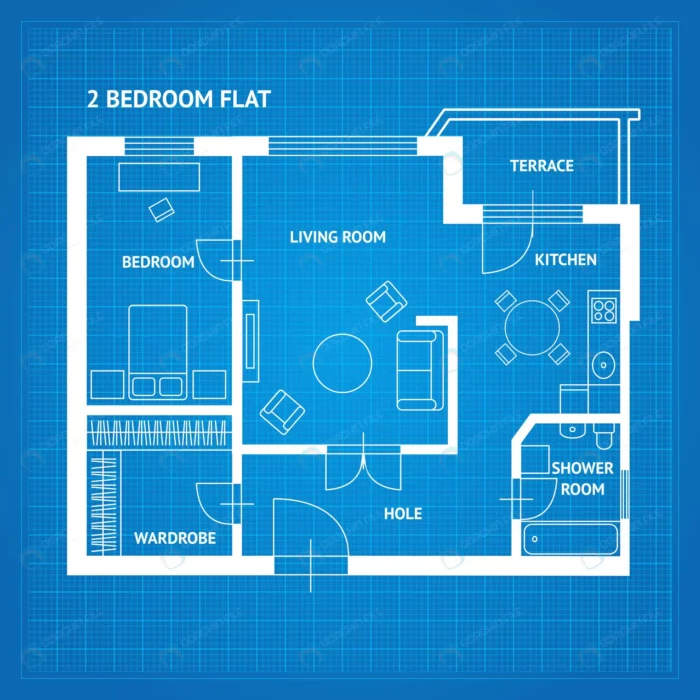 apartment floor plan blueprint with furniture top crcc96d1c55 size6.16mb - title:دانلود وکتور نقشه خانه با جزئیات - اورچین فایل - format:EPS - وکتور - sku:crcc96d1c55 - keywords: p_id:78721