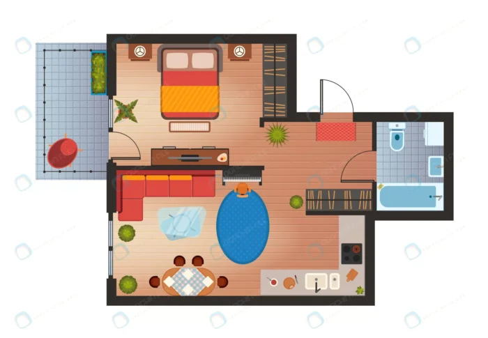 apartment house floor plan with furniture top vie crcf7268af0 size2.03mb - title:وکتور طراحی خانه با لوازم خانگی از نمای بالا - اورچین فایل - format:EPS - وکتور - sku:crcf7268af0 - keywords: p_id:52176