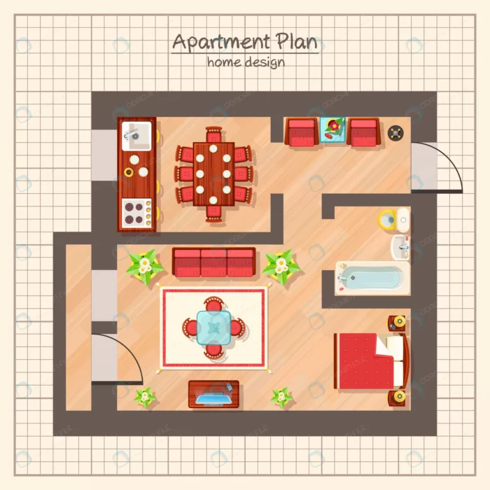 apartment plan illustration crc8782d3d6 size3.88mb - title:وکتور طراحی خانه با لوازم خانگی از نمای بالا - اورچین فایل - format:EPS - وکتور - sku:crc8782d3d6 - keywords: p_id:52182