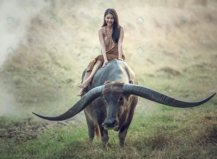 asian woman thai farmer with buffalo field crc91d398ef - title:عکس خانم تایلندی سوار بر بوفالو - اورچین فایل - format:JPG - استوک - sku:crc91d398ef - keywords: p_id:58957