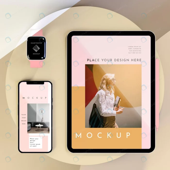 assortment with modern devices mock up crca596aea1 size54.51mb - title:موکاپ گوشی و تبلت و ساعت از نمای بالا - اورچین فایل - format:PSD - فتوشاپ - sku:crca596aea1 - keywords: p_id:56530