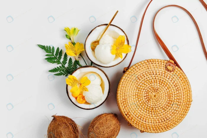 bamboo bag ice cream half coconut summer vacation crc27d15df9 - title:تصویر استوک بستنی بهمراه نارگیل - اورچین فایل - format:JPG - استوک - sku:crc27d15df9 - keywords: p_id:62338