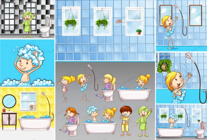 bathroom scenes with kids doing different activit crce83c6f98 size11.06mb - title:وکتور کودک در حال حمام کردن - اورچین فایل - format:EPS - وکتور - sku:crce83c6f98 - keywords:وکتور کودک در حال حمام کردن p_id:104099