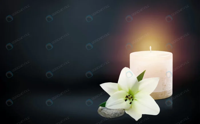 beautiful lily burning candle dark background wit crc48939750 - title:تصویر استوک بکگراند شمع و گل لیلیوم - اورچین فایل - format:JPG - استوک - sku:crc48939750 - keywords: p_id:65701