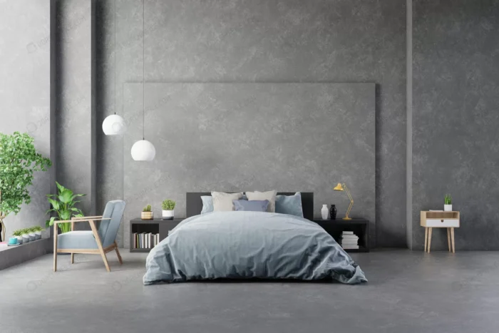 bed with sheets bedroom interior concrete wall mo crc54e716d8 - title:اتاق خواب با دیوار خاکستری رنگ - اورچین فایل - format:JPG - استوک - sku:crc54e716d8 - keywords: p_id:99681