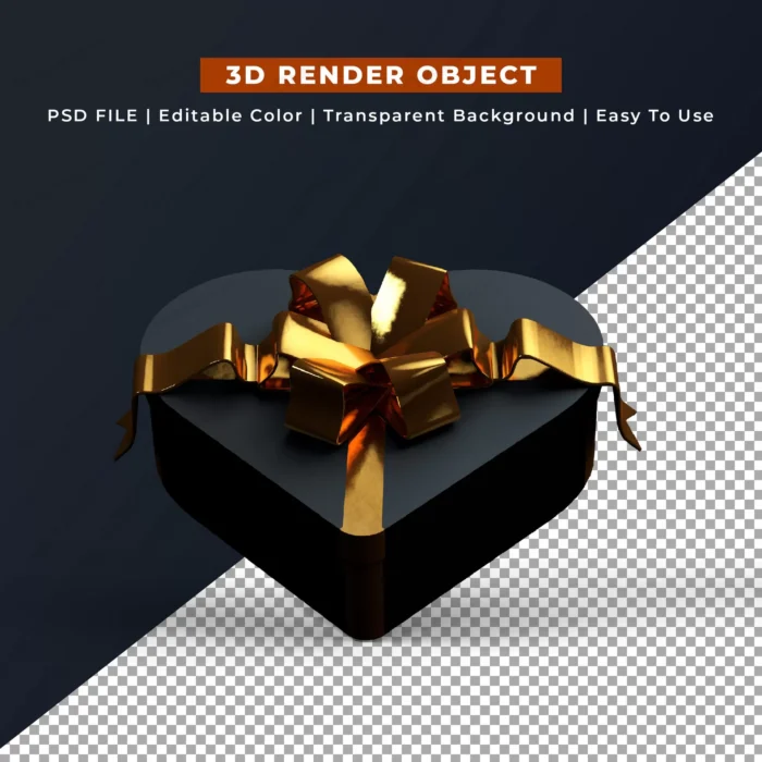 black heart shape gift box 3d render crcf6e04368 size5.25mb - title:جعبه هدیه شکل قلب با روبان طلایی - اورچین فایل - format:PSD - فتوشاپ - sku:crcf6e04368 - keywords: p_id:91209