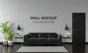 black sofa living room interior with wall mockup. crc515f2a1c size134.78mb - title:Home - اورچین فایل - format: - sku: - keywords: p_id:18