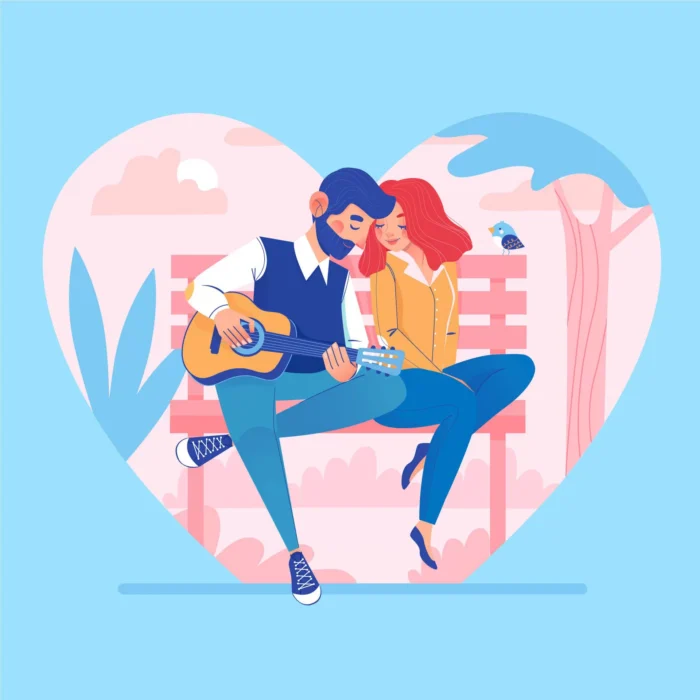 boyfriend playing guitar park - title:دانلود وکتور روز ولنتاین با کاراکتر قلب، پسر گیتارزن و دختر - اورچین فایل - format:EPS - وکتور - sku:4559 - keywords: p_id:30191