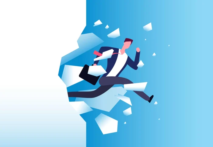 breaking wall concept strong man jamps through barrier personal growth business success success motivation vector poster - title:وکتور کاراکتر موفق با شکستن سدهای سرراه - اورچین فایل - format:EPS - وکتور - sku:3693 - keywords: p_id:29313