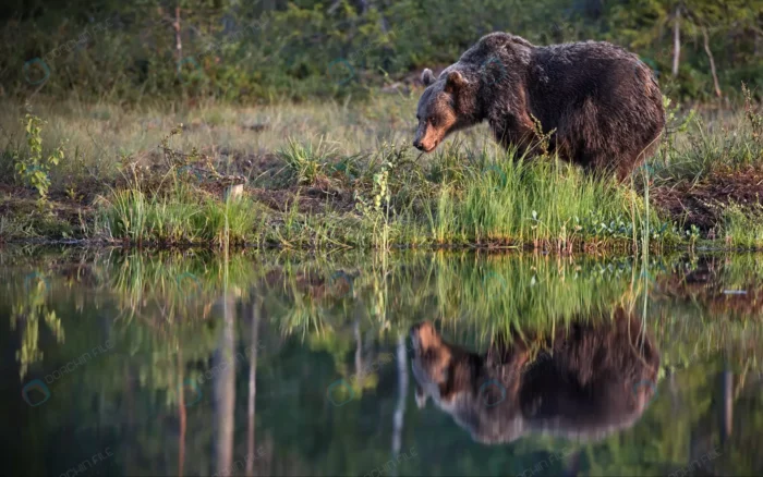 brown grizzly bear ground trees by reflecting wat crc5a4d3258 - title:عکس خرس کنار رودخانه - اورچین فایل - format:JPG - استوک - sku:crc5a4d3258 - keywords: p_id:80749