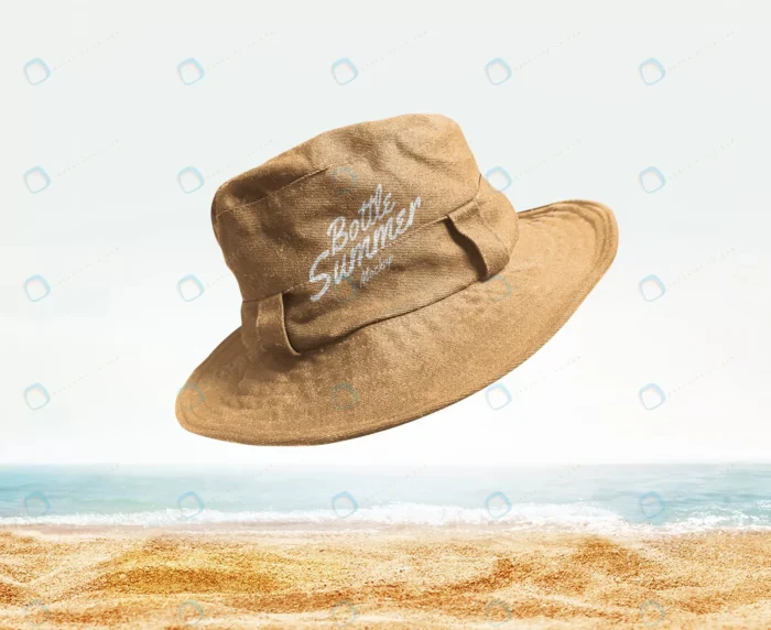 bucket hat summer mockup crcfa4668a2 size52.47mb - title:موکاپ کلاه تابستانی با پس زمینه ساحل - اورچین فایل - format:PSD - فتوشاپ - sku:crcfa4668a2 - keywords: p_id:78085