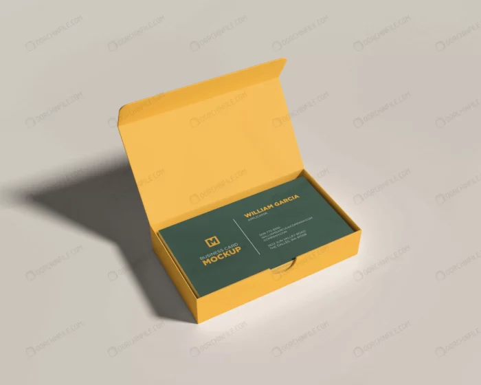 business card mockup with yellow open box crc4ceed08e size21.85mb - title:موکاپ کارت ویزیت سبز رنگ - اورچین فایل - format:PSD - فتوشاپ - sku:crc4ceed08e - keywords:موکاپ کارت ویزیت سبز رنگ p_id:104671