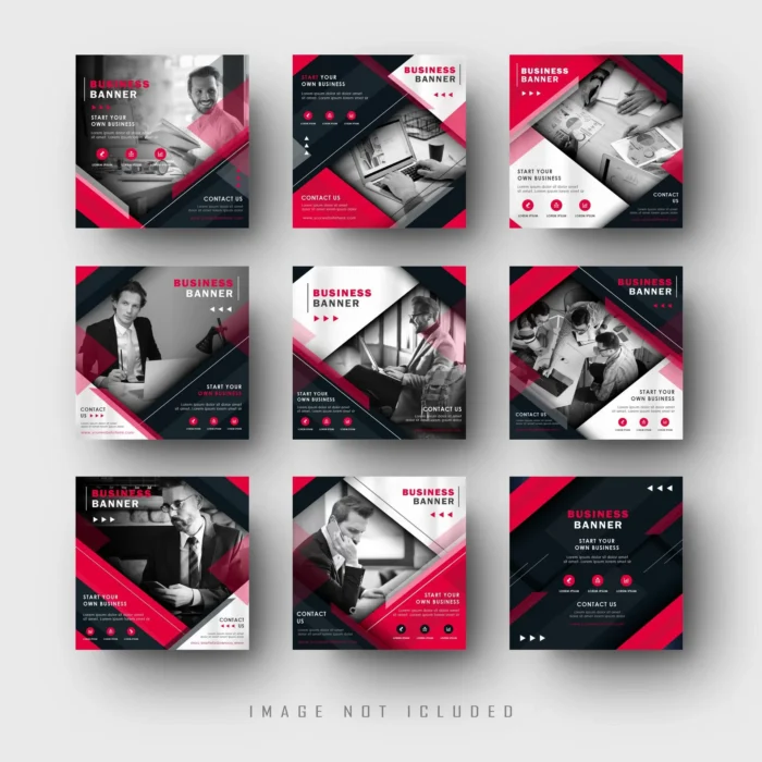 business company social media instagram feed post banner red black template - title:دانلود 9 پست اینستاگرامی با موضوع تجارت و پس زمینه مشکی، قرمز در فرمت وکتور - اورچین فایل - format:EPS - وکتور - sku:4400 - keywords: p_id:30024