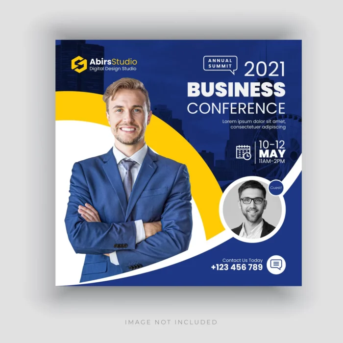 business conference social media banner square flyer template 2 - title:دانلود وکتور پست اینستاگرامی ویژه کنفرانس با تصویر اصلی داخل کادر دایره و پس زمینه آبی - اورچین فایل - format:EPS - وکتور - sku:5737 - keywords: p_id:31357