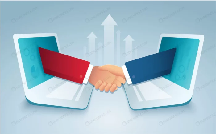 business people shaking hands through laptop crc1dd35352 size1.95mb - title:وکتور با موضوع همکاری تجاری در دنیای مجازی - اورچین فایل - format:EPS - وکتور - sku:crc1dd35352 - keywords: p_id:96987