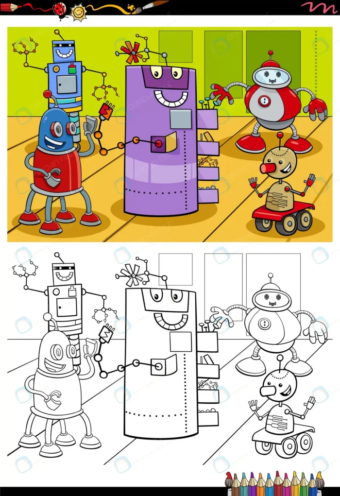 cartoon robot characters coloring book page crcc crcc2f3c390 size4.42mb - title:وکتور رنگ آمیزی کودکان کاراکترهای ربات - اورچین فایل - format:EPS - وکتور - sku:crcc2f3c390 - keywords: p_id:40355