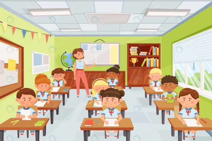 cartoon teacher with pupils school kids sitting d crca7f29fd7 size3.66mb 1 1 - title:وکتور کلاس حضوری با کاراکتر دانش آموزان - اورچین فایل - format:EPS - وکتور - sku:crca7f29fd7 - keywords: p_id:43496