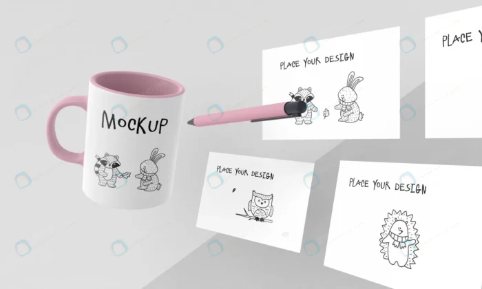 ceramic mug mock up with custom design crce76e812d size43.53mb 1 - title:موکاپ ماگ سفید و صورتی با طرح های کودکانه - اورچین فایل - format:PSD - فتوشاپ - sku:crce76e812d - keywords: p_id:52555