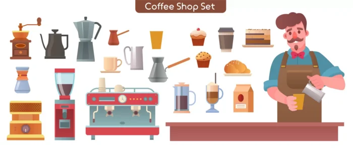 character illustration coffee shop cafe cafeteria crcd55401a1 size1.79mb - title:باریستا با اِلمان های کافی شاپ - اورچین فایل - format:EPS - وکتور - sku:crcd55401a1 - keywords: p_id:39378