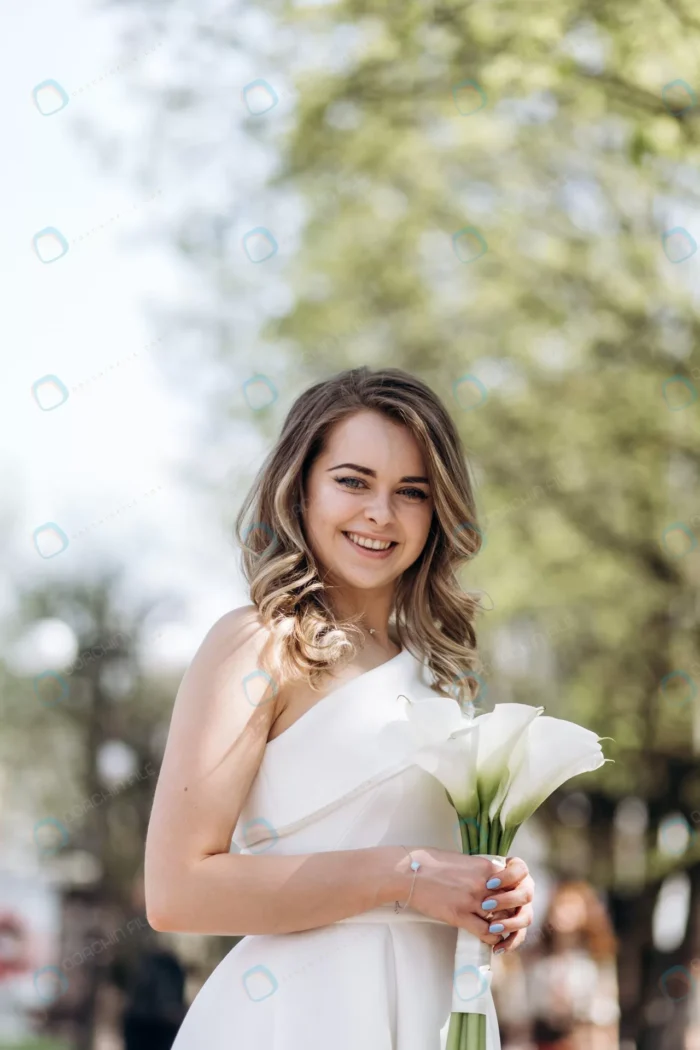 charming bride keeps wedding bouquet stands stree crc3b440633 - title:تصویر عروس با دسته گل سفید - اورچین فایل - format:JPG - استوک - sku:crc3b440633 - keywords: p_id:75743