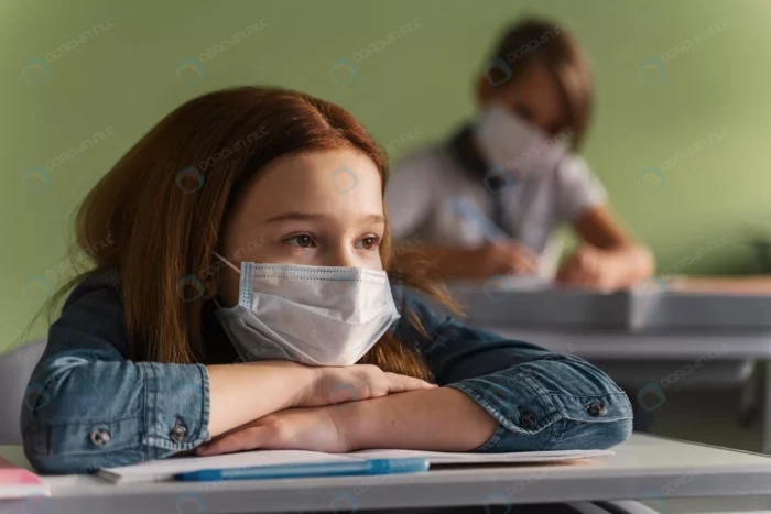 children with medical masks listening teacher cla crc2f221c76 - title:عکس استوک دانش آموز با ماسک - اورچین فایل - format:JPG - استوک - sku:crc2f221c76 - keywords: p_id:39918