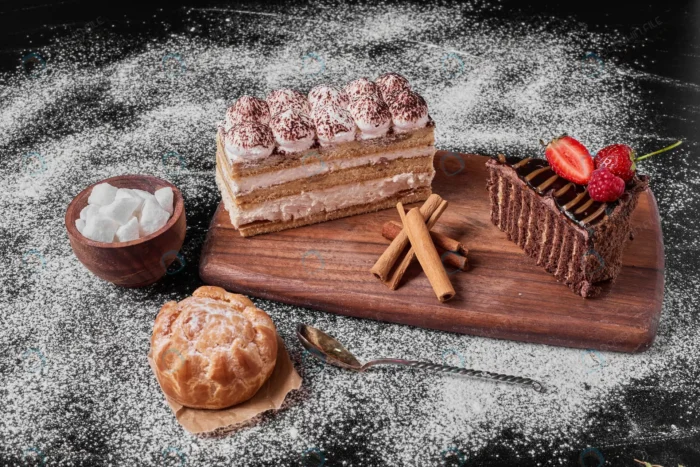 chocolate cake slice with tiramisu wooden platter crc0196b492 - title:تصویر دو تیکه کیک شکلاتی و تیرامیسو روی تخته چوبی - اورچین فایل - format:JPG - استوک - sku:crc0196b492 - keywords: p_id:52687