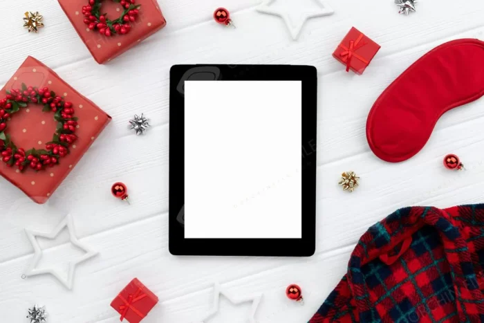 christmas shopping sale mockup with robe gifts ornaments wooden background top view flat lay template greeting invitation - title:دانلود عکس استوک ویژه کریسمس با جعبه های کادو و تبلت از نمای تاپ - اورچین فایل - format:JPG - استوک - sku:5156 - keywords: p_id:30790