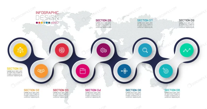 circle linked with business elements infographic crc0078f663 size17.46mb - title:وکتور اینفوگرافیک 9 مرحله ای - اورچین فایل - format:EPS - وکتور - sku:crc0078f663 - keywords: p_id:98921