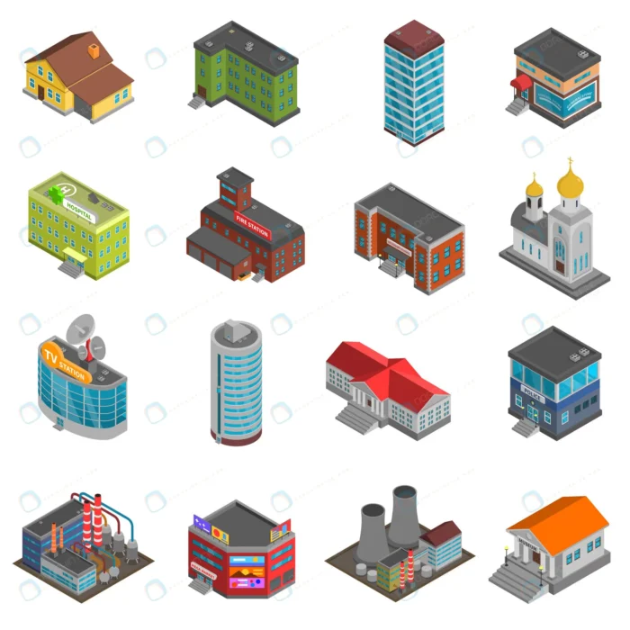 city buildings isometric icons set crc83f83527 size3.54mb - title:وکتور ایزومتریک مراکز عمومی - اورچین فایل - format:EPS - وکتور - sku:crc83f83527 - keywords: p_id:77235