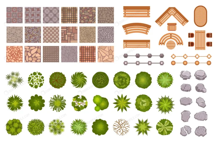 city park landscape design map elements top view crcefda76eb size4.45mb - title:مجموعه المان های پارک از نمای تاپ - اورچین فایل - format:EPS - وکتور - sku:crcefda76eb - keywords: p_id:91157