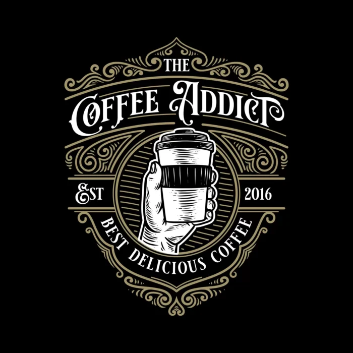 coffee addict vintage retro logo template with el crc5a8430d2 size1.21mb - title:لوگوی کلاسیک قهوه با بکگراند مشکی - اورچین فایل - format:EPS - وکتور - sku:crc5a8430d2 - keywords: p_id:39372