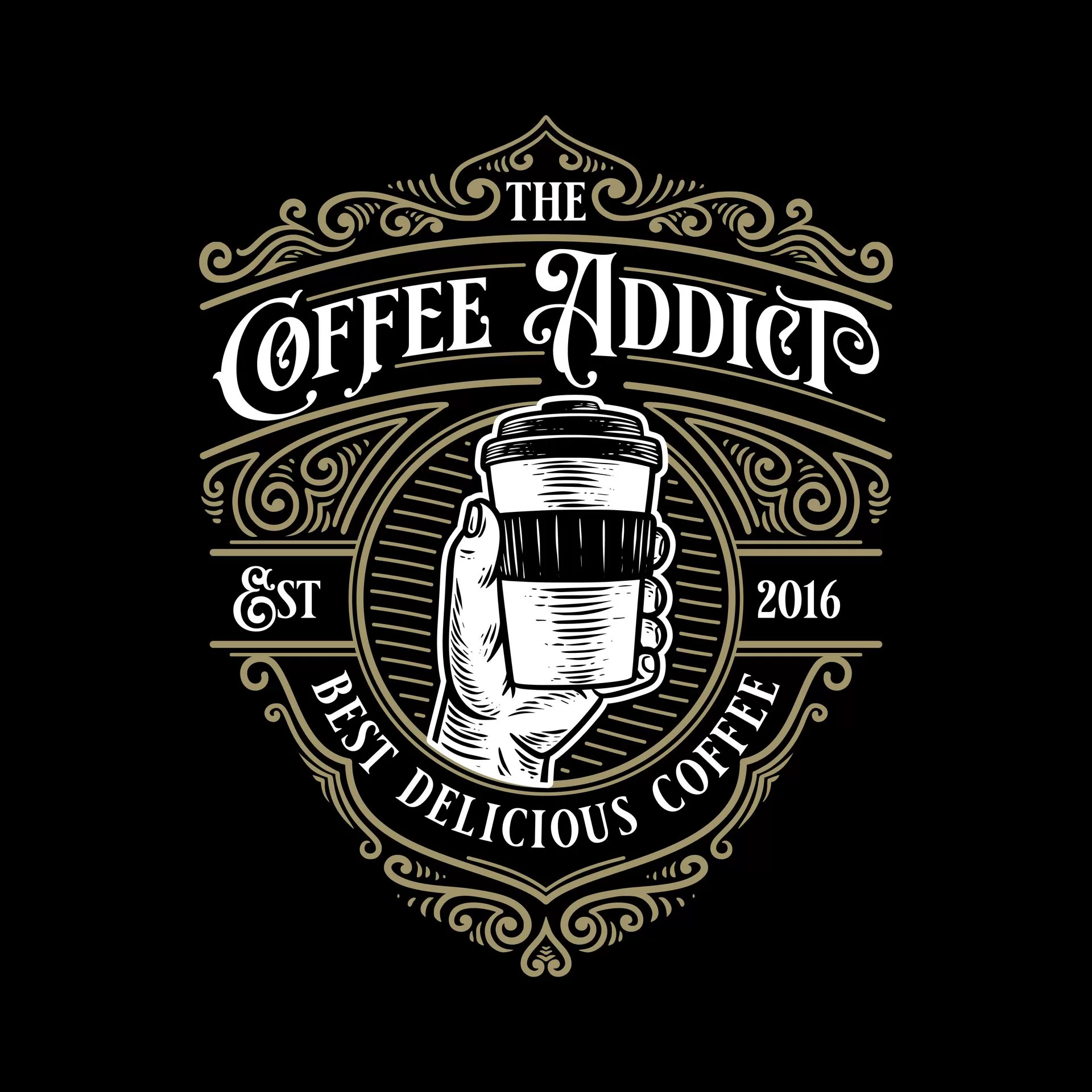 coffee addict vintage retro logo template with el crc5a8430d2 size1.21mb - title:لوگوی کلاسیک قهوه با بکگراند مشکی - اورچین فایل - format:EPS - وکتور - sku:crc5a8430d2 - keywords: p_id:39372