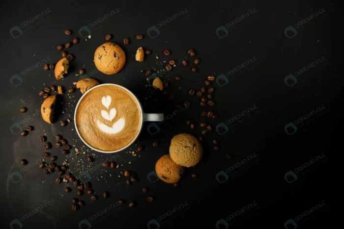 coffee latte with cookies coffiee beans crce79728d0 - title:دانلود عکس استوک فنجان قهوه - اورچین فایل - format:JPG - استوک - sku:crce79728d0 - keywords: p_id:35275