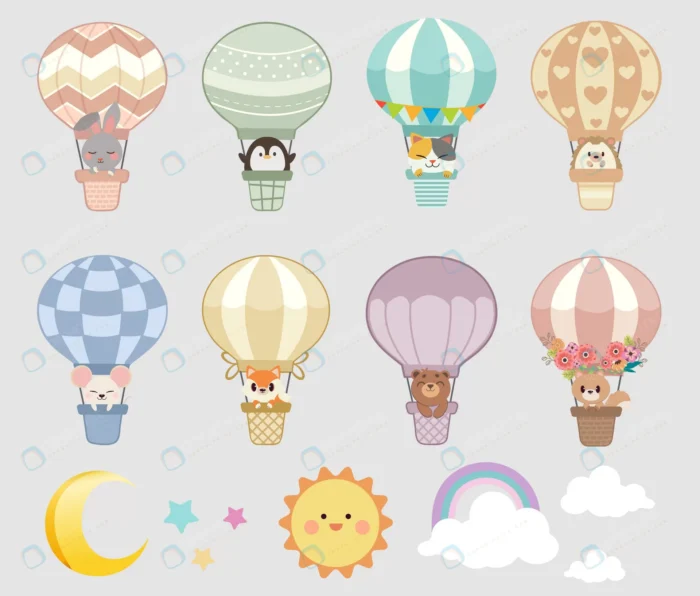 collection animals hot air balloons crcccf9eaec size1.65mb - title:مجموعه وکتور کارتونی بالن و حیوانات، ابر و ستاره، ماه و خورشید - اورچین فایل - format:EPS - وکتور - sku:crcccf9eaec - keywords: p_id:35237