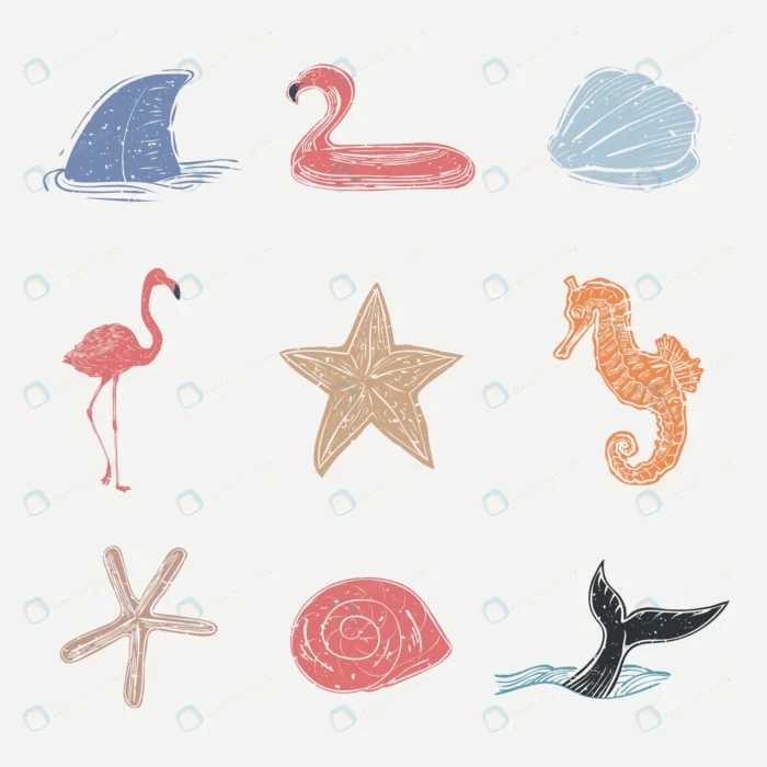 colorful linocut nautical clipart collection crcd1af02af size4.48mb - title:دانلود مجموعه حیوانات دریایی - اورچین فایل - format:EPS - وکتور - sku:crcd1af02af - keywords: p_id:86859