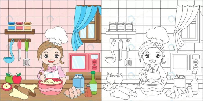 coloring girl baking cake crc4a8fabc0 size2.08mb - title:طرح دختر قناد برای رنگ آمیزی - اورچین فایل - format:EPS - وکتور - sku:crc4a8fabc0 - keywords: p_id:40399