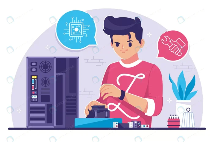 computer engineer flat design illustration crc7f4f37f4 size0.49mb - title:وکتور پسر در حال کار با قطعات کامپیوتر - اورچین فایل - format:EPS - وکتور - sku:crc7f4f37f4 - keywords: p_id:56622