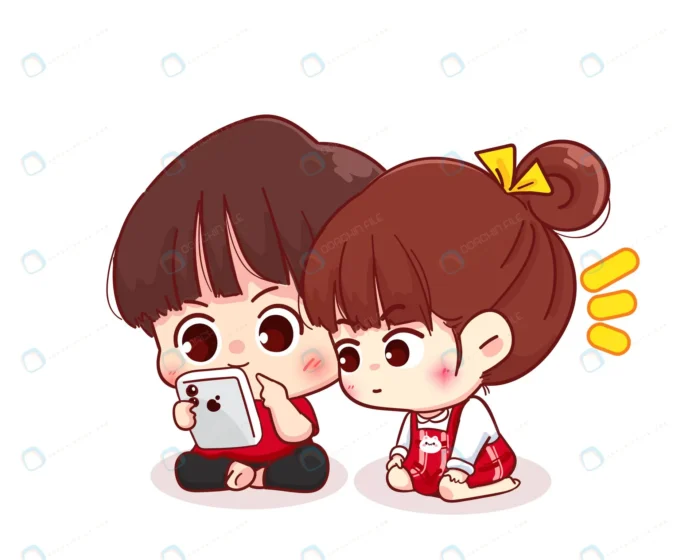 couple looking at the smartphone cartoon characte crc1ac577fe size2.52mb - title:دانلود وکتور کارتونی دختر و پسر بامزه - اورچین فایل - format:EPS - وکتور - sku:crc1ac577fe - keywords: p_id:36160